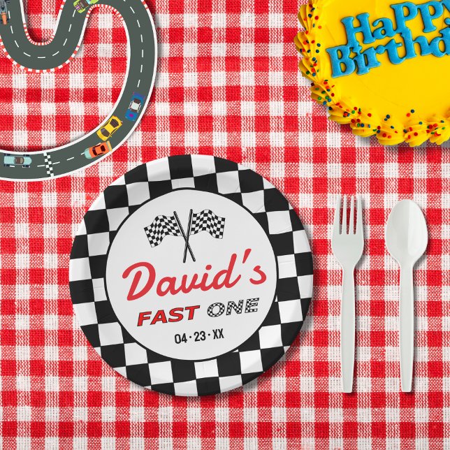 Fast ONE | Black White Race Car Flags Birthday  Paper Plates (Creator Uploaded)