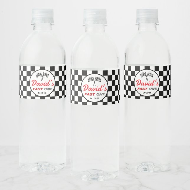 Fast ONE | Black White Race Car Flags Birthday  Water Bottle Label (Bottles)
