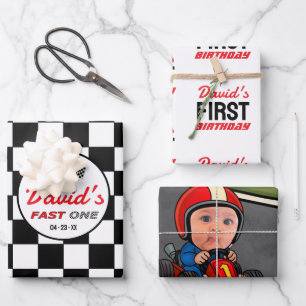 Fast ONE Black White Race Car Flags Birthday Wrapping Paper Sheets