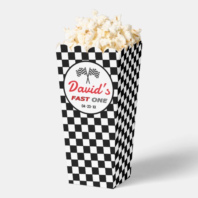 Fast ONE | Black White Race Car Flags Popcorn Favor Boxes (Popped)