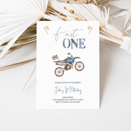 Fast ONE Blue Dirt Bike Birthday Invitation 