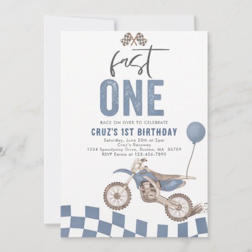 Fast One Blue Dirt Bike Boy 1st Birthday Invitation