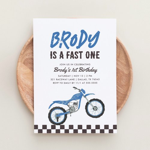 Fast One Blue Dirt Bike Boy 1st Birthday Invitation