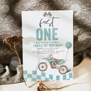 Fast One Blue Dirt Bike Boy 1st Birthday Party  Invitation
