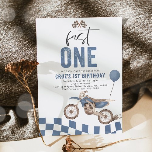 Fast One Blue Dirt Bike Boy 1st Birthday Party  Invitation