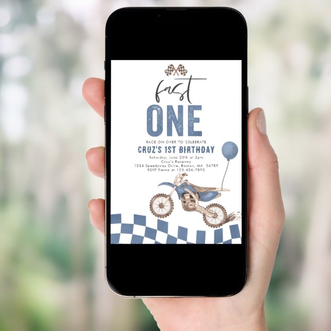 Fast One Blue Dirt Bike Boy 1st Birthday Party  Invitation (Front Digital)