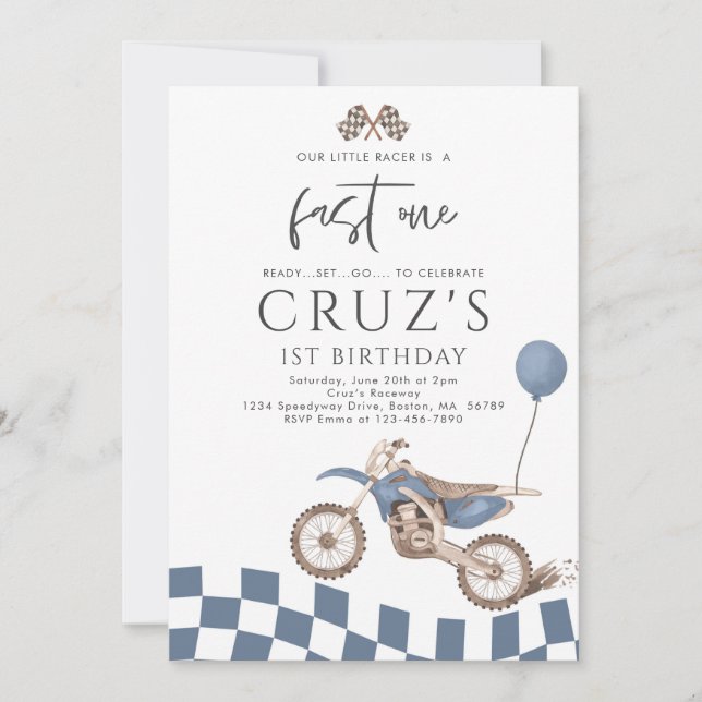 Fast One Blue Dirt Bike Boy 1st Birthday Party  Invitation (Front)