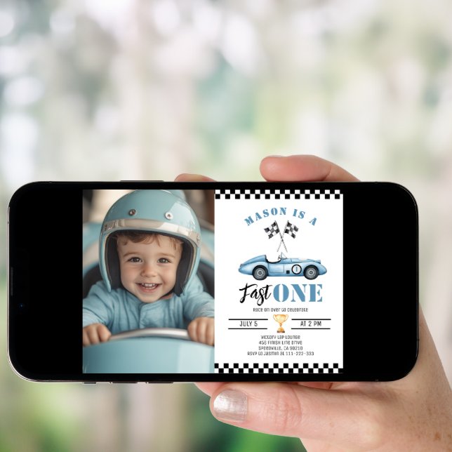 Fast One Blue Photo Race car Boy 1st Birthday Invitation (Front Digital)