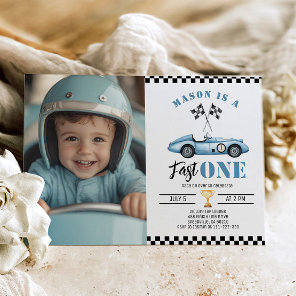 Fast One Blue Photo Race car Boy 1st Birthday Invitation