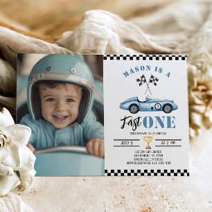 Fast One Blue Photo Race car Boy 1st Birthday Invitation
