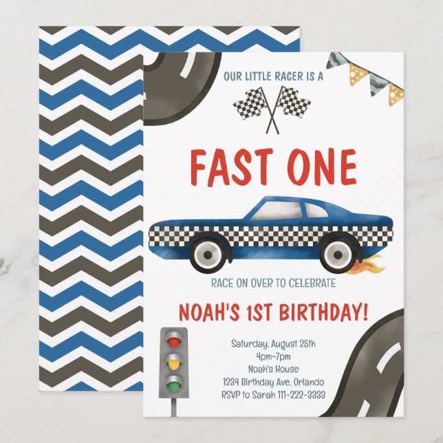Fast One Blue Race Car 1st Birthday Invitation (Front/Back)