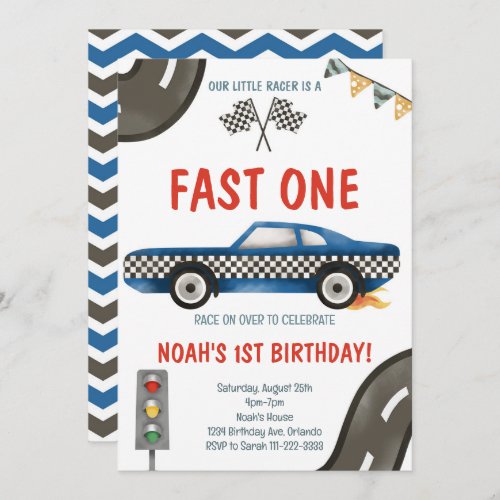 Fast One Blue Race Car 1st Birthday Invitation