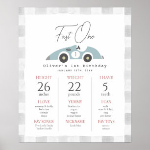 Fast One Blue Race Car 1st Birthday Milestone Poster