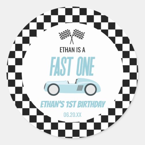 Fast One Blue Race Car 1st Birthday Party Classic Round Sticker