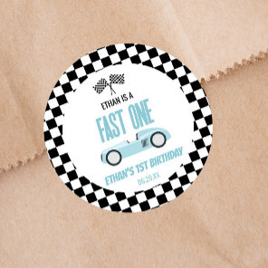 Fast One Blue Race Car 1st Birthday Party Classic Round Sticker