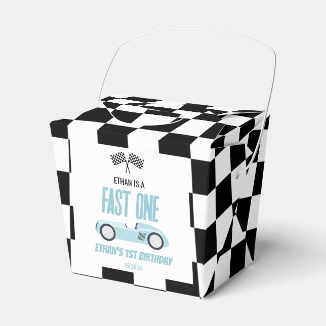 Fast One Blue Race Car 1st Birthday Party Favor Boxes (Front Side)