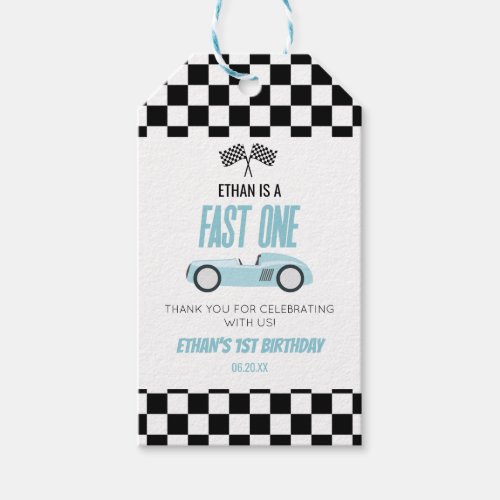 Fast One Blue Race Car 1st Birthday Party Gift Tags