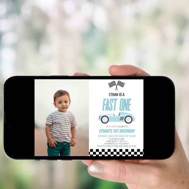 Fast One Blue Race Car 1st Birthday Party Invitation (Front Digital)