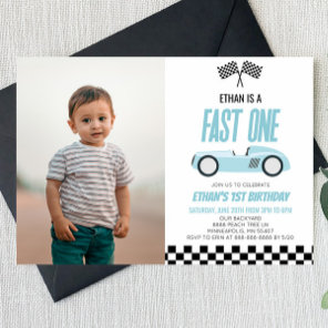 Fast One Blue Race Car 1st Birthday Party Invitation
