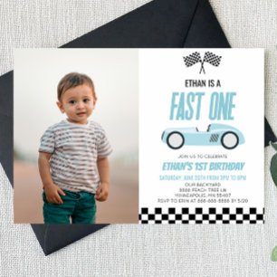 Fast One Blue Race Car 1st Birthday Party Invitation