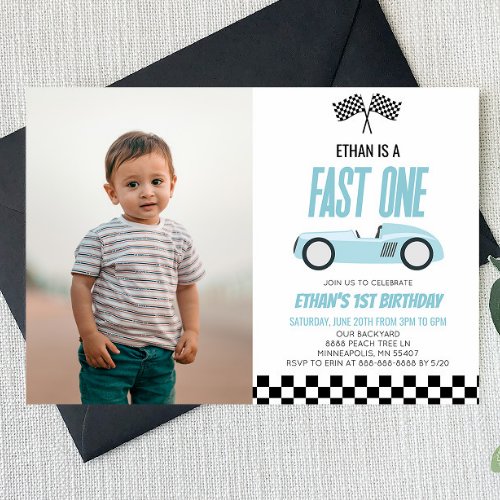 Fast One Blue Race Car 1st Birthday Party Invitation