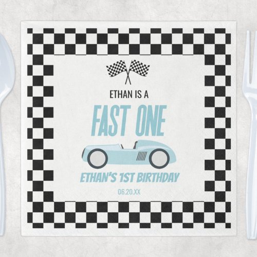 Fast One Blue Race Car 1st Birthday Party Napkins