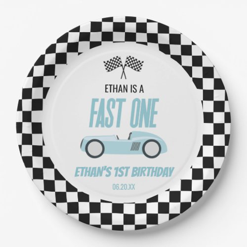 Fast One Blue Race Car 1st Birthday Party Paper Plates