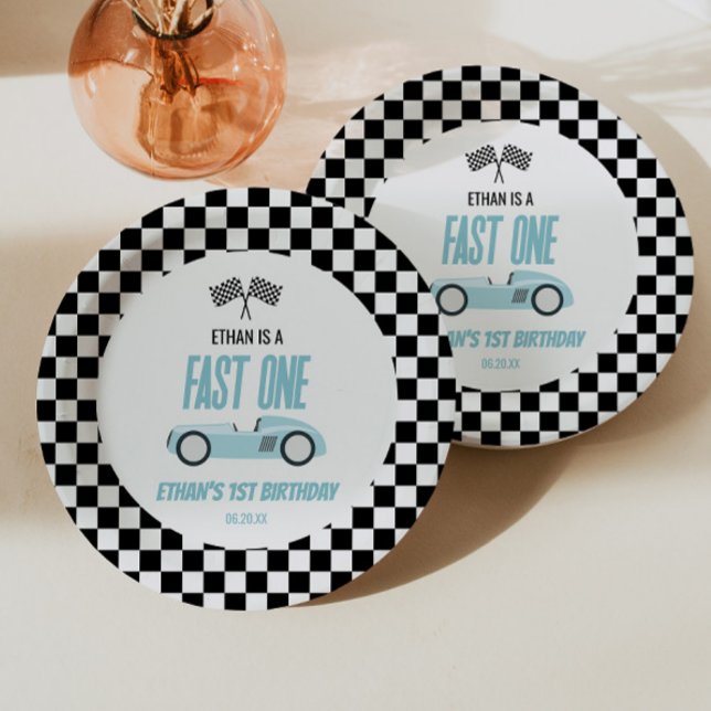 Fast One Blue Race Car 1st Birthday Party Paper Plates (Creator Uploaded)