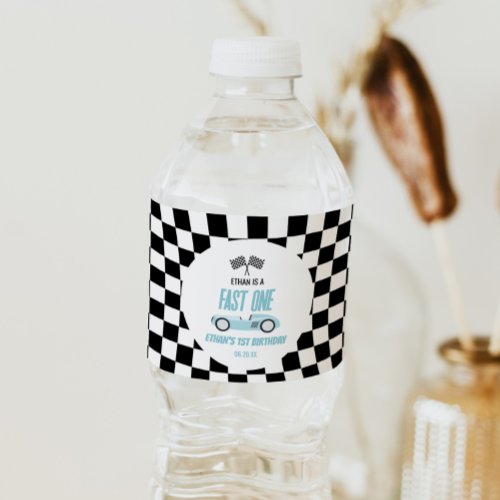 Fast One Blue Race Car 1st Birthday Party Water Bottle Label