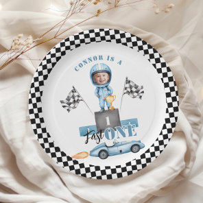 Fast One Blue race car 1st Photo Birthday Paper Plates