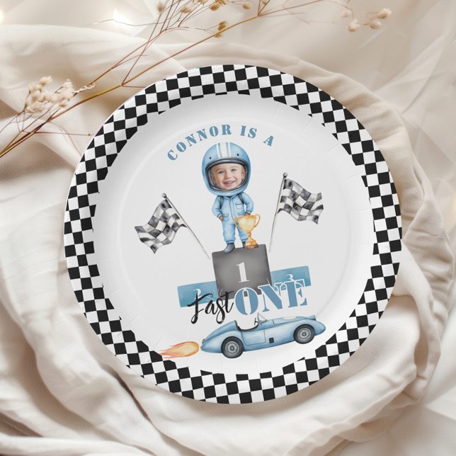 Fast One Blue race car 1st Photo Birthday Paper Plates (Creator Uploaded)