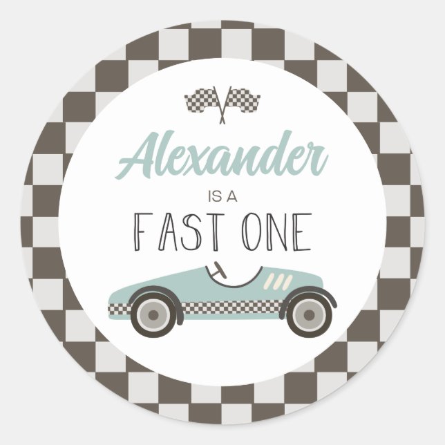 Fast One blue Race Car Birthday Classic Round Sticker (Front)