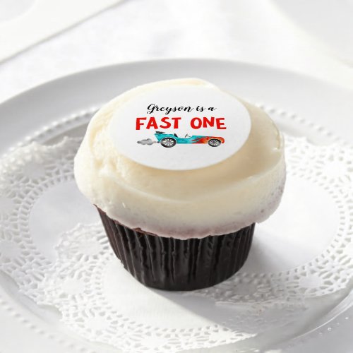 Fast ONE Blue Race Car Birthday Edible Frosting Rounds