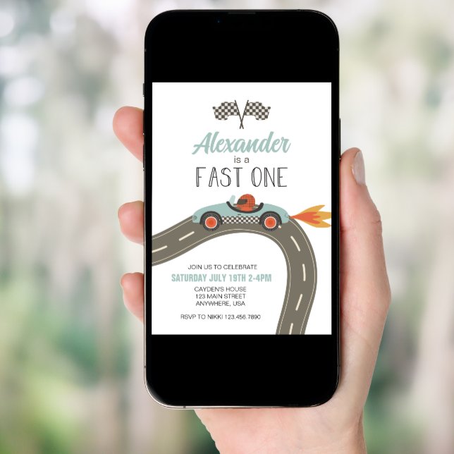 Fast One blue Race Car Birthday Invitation (Front Digital)