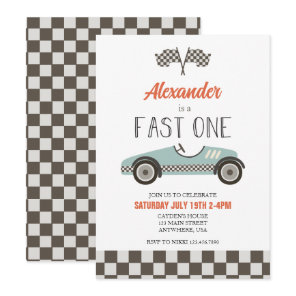 Fast One blue Race Car Birthday Invitation