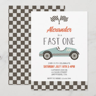 Fast One blue Race Car Birthday Invitation