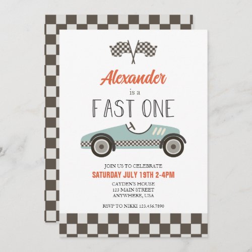 Fast One blue Race Car Birthday Invitation