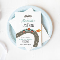 Fast One blue Race Car Birthday Invitation