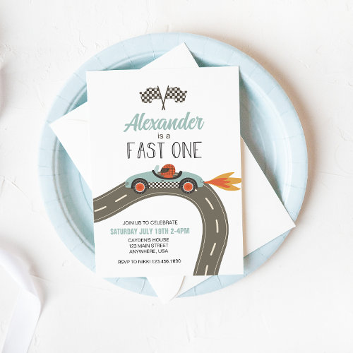 Fast One blue Race Car Birthday Invitation