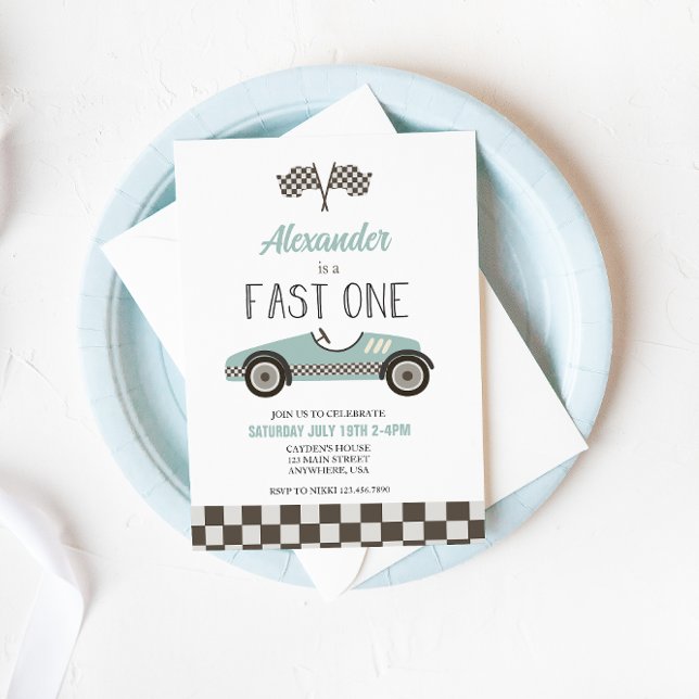 Fast One blue Race Car Birthday Invitation (Creator Uploaded)