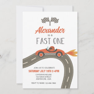 Fast One blue Race Car Birthday Invitation