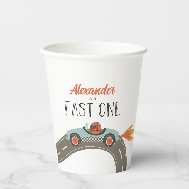 Fast One blue Race Car Birthday Paper Cups (Front)