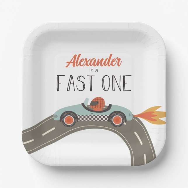 Fast One blue Race Car Birthday Paper Plates (Front)