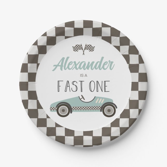 Fast One blue Race Car Birthday Paper Plates (Front)