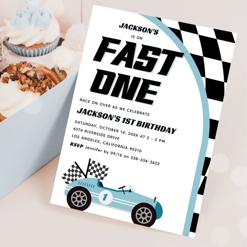 Fast One Blue Race Car Birthday Party Invitation