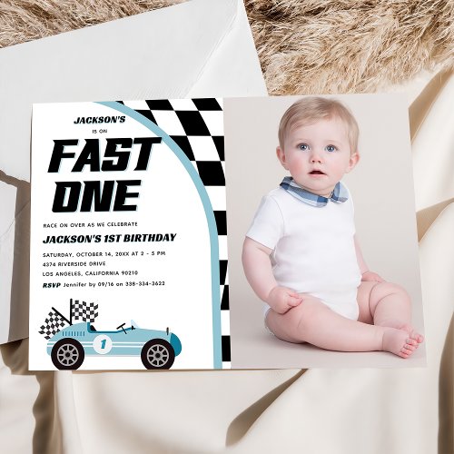 Fast One Blue Race Car Birthday Party Photo Invitation