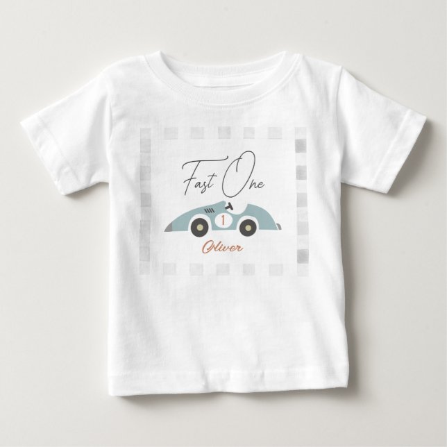 Fast One Blue Race Car Boy 1st Birthday Baby T-Shirt (Front)