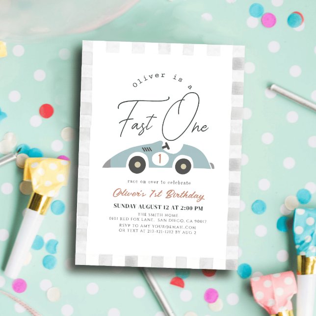 Fast One Blue Race Car Boy 1st Birthday Invitation (Creator Uploaded)