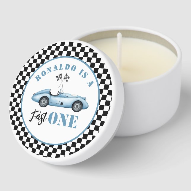 Fast One Blue race car Boy 1st Birthday Mini Candle Favors (Corner)