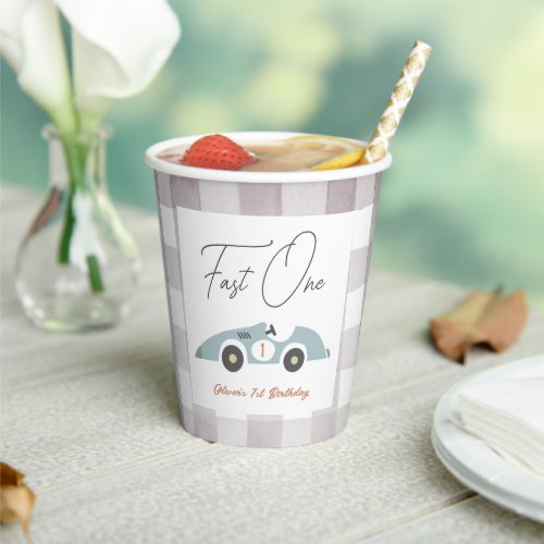 Fast One Blue Race Car Boy 1st Birthday Paper Cups